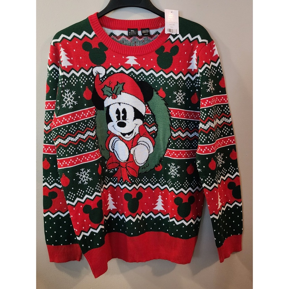 Disney Mickey Mouse Christmas Sweater Mens Large Red NWT Fair Isle Santa Wreath